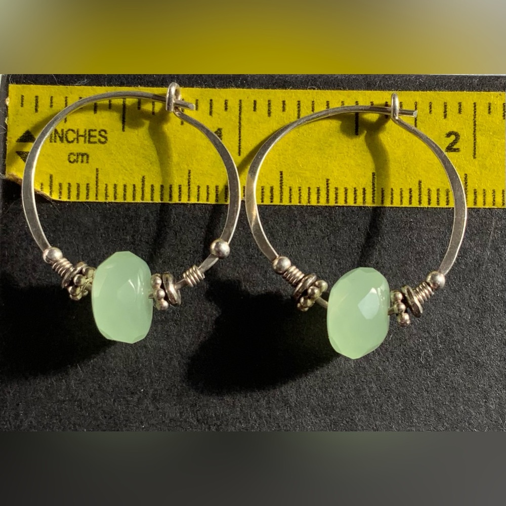 Pair of Sterling Silver Wire Hoop Earrings with Green Bead.